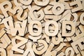 Surface covered with random wooden letters and word WOOD on top. Royalty Free Stock Photo
