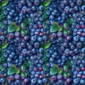 Surface covered with a thick layer of blueberries with green leaves. AI generative illustration