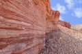 Surface of a crumbling hill with multi-colored layers of rock. Red Canyon Israel