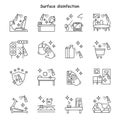 Surface disinfection line icons set. Sanitizing at home, office and more. Isolated vector illustrations.