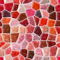Floor marble mosaic pattern seamless background with white grout - red, orange, burgundy, old pink and brown color