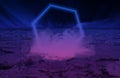 Surface of frozen lake, texture of ice in blue and pink gradient tones with neon light frame, futuristic night image for