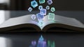 Surface with glowing translucent cubes and dice floating above its Royalty Free Stock Photo