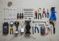 Surface, including wrenches, screwdrivers, socket set, pliers, and a Royalty Free Stock Photo