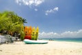 Surface level shot,beautiful beach scenery, kayaks stack on sandy beach at sunny day Royalty Free Stock Photo