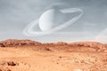 Surface of Mars planet with Saturn planet . Elements of this image furnished by NASA