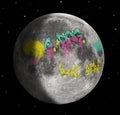 Surface of the moon being spray painted with the words: G-dog was here