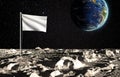 The surface of the moon with a blank state flag and the planet Earth on a background of the starry sky. Creative conceptual Royalty Free Stock Photo