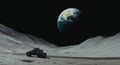 The surface of the moon is home to a lunar rover, with a view of the Earth in the space above Royalty Free Stock Photo