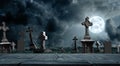 Surface and moonlit graveyard with old creepy headstones. Halloween banner design Royalty Free Stock Photo