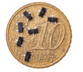 Surface mount transistors on 10 euro cent coin isolated on white background Royalty Free Stock Photo