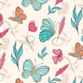 Surface pattern with beautiful butterflies and flowers. Botanical gift wrap. Macro nature tropical cover print. Nature