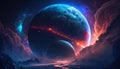 The surface of a planet offers a view of fantasy planets and vibrant clouds nebulae in space. Royalty Free Stock Photo