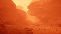 The surface of the red planet Mars during a dusty sandstorm. Mars colonization and space travel concept. The image is