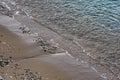 The surface is salty sea water, swaying in small waves near the shore, through the transparent bottom you can see stones Royalty Free Stock Photo