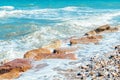 Surface of sea waves during windy summer day, sea shore with pebble stones and cutwater. Royalty Free Stock Photo