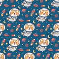 Surface seamless pattern with Welsh corgi dog flying in weightlessness Royalty Free Stock Photo
