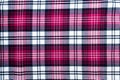 Top view of a checkered fabric pattern. Pink and black checkered print as background. Symmetrical square pattern Scottish tartan. Royalty Free Stock Photo