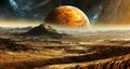 The surface of an unexplored distant planet with an lifeless rock desert landscape