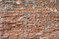 Surface of the wall is made of red crumbling brick