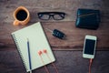 The surface of a wooden table with a notebook, smart-phone, glasses, wallet, car keys, coffee cup. Royalty Free Stock Photo