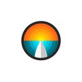 Surfboard abstract ocean and sunset round logo, nature landscape creative print for clothing
