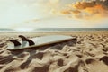 Surfboard on beach background at sunset.