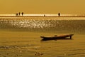 Surfboard on the beach at golden hour sunset