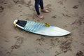 Surfboard on the beach next to the surfer legs. Royalty Free Stock Photo
