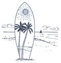 Surfboard on a beach. Sketch style. Surfing beach vector landscape, panorama view with waves. Illustration of surf board Royalty Free Stock Photo