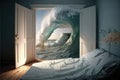 Surfboard breaking through the open door to the ocean