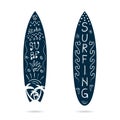 Surfboard cartoon icon illustration in blue and white color