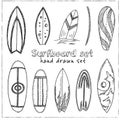 Surfboard hand drawn doodle set. Isolated elements on white background. Symbol collection. Royalty Free Stock Photo