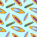 Surfboard hibiscus pattern seamless on blue background. Flat design