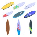 Surfboard icons set, isometric style