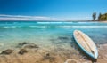 Surfboard lies on tropical beach with ocean view. Travel adventure and water sport. relaxation and summer vacation Royalty Free Stock Photo