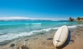 Surfboard lies on tropical beach with ocean view. Travel adventure and water sport. relaxation and summer vacation Royalty Free Stock Photo