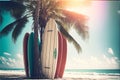 Surfboard and palm tree on beach background, generative Ai