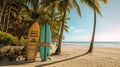 Surfboard and palm tree on beach with beach sign for surfing area. Generative Ai Royalty Free Stock Photo