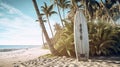 Surfboard and palm tree on beach with beach sign for surfing area. Generative Ai Royalty Free Stock Photo