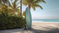 Surfboard and palm tree on beach with beach sign for surfing area. Generative Ai Royalty Free Stock Photo