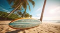 Surfboard and palm tree on beach with beach sign for surfing area. Generative Ai Royalty Free Stock Photo