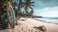 Surfboard and palm tree on beach with beach sign for surfing area. Generative Ai Royalty Free Stock Photo