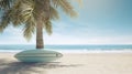 Surfboard and palm tree on beach with beach sign for surfing area. Generative Ai Royalty Free Stock Photo