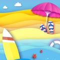 Surfboard. Pink parasol - umbrella in paper cut style. Origami sea and beach with lifebuoy. Sport ball game. Flipflops Royalty Free Stock Photo