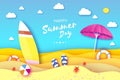 Surfboard. Pink parasol - umbrella in paper cut style. Origami sea and beach with lifebuoy. Sport ball game. Flipflops Royalty Free Stock Photo