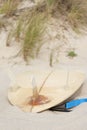 Surfboard resting on beach