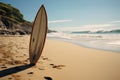 Surfboard rests on a pristine, untouched beach, free and tranquil