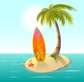 Surfboard, sand island and palm. Summer rest