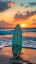 Surfboard on sandy beach at sunset with starfish, tropical adventure concept